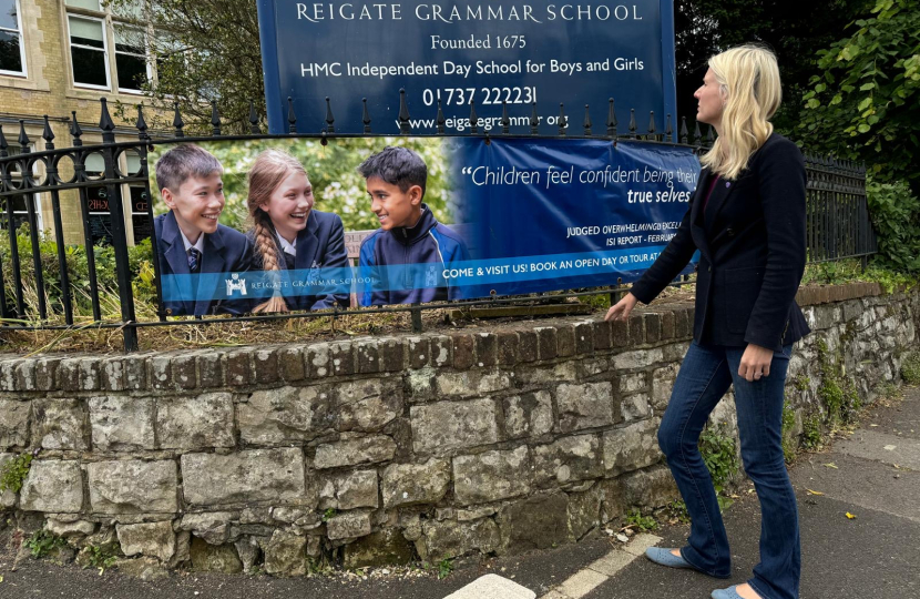 Rebecca Paul outside Reigate Grammar School