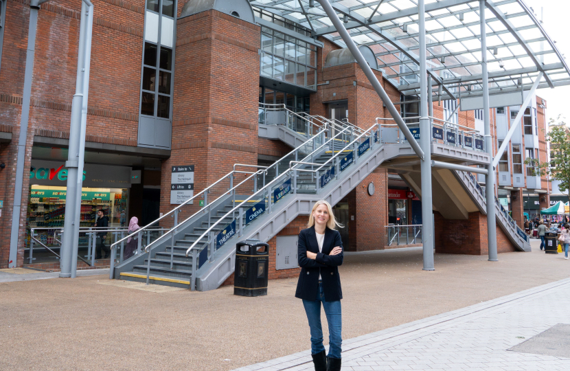 Rebecca Paul MP outside the Harlequin, Redhill