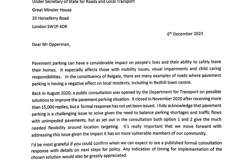 Letter from Rebecca Paul to Guy Opperman on Pavement Parking consultation