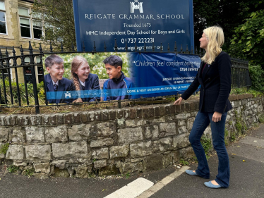 Rebecca Paul outside Reigate Grammar School